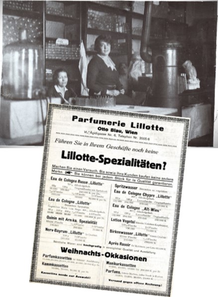 Lili (standing) ran the Blau Parfumerie with Otto. / Advertisement for Lillotte Perfume